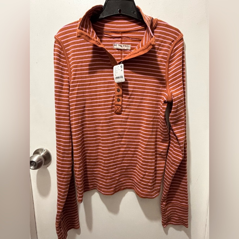 We The Free Cinnamon and Pink Striped Top